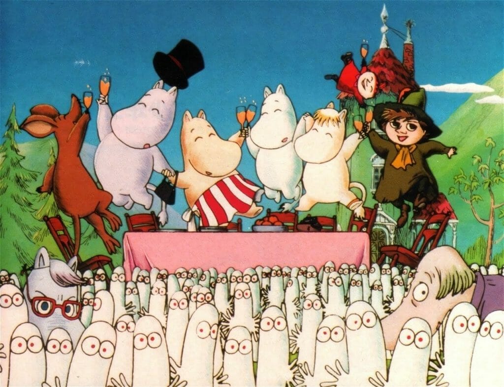 An image from the first opening of Tanoshii Moomin Ikka (1990-91), showing the series’ main characters