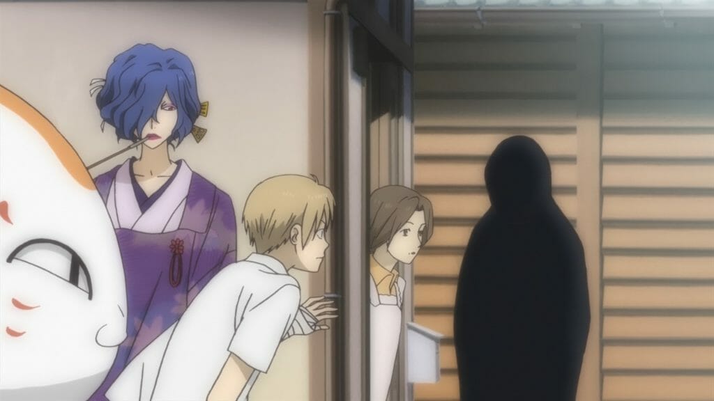 Natsume's Book of Friends Anime Still  - Ablonde man and a raven-haired woman peer on two people talking. A cat eyes mischievously from the left side of the frame.