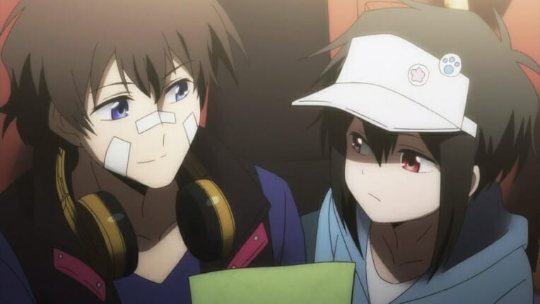 Re Hamatora Anime Still - two brown-haired people look at each other. One is bandaged and smiling.