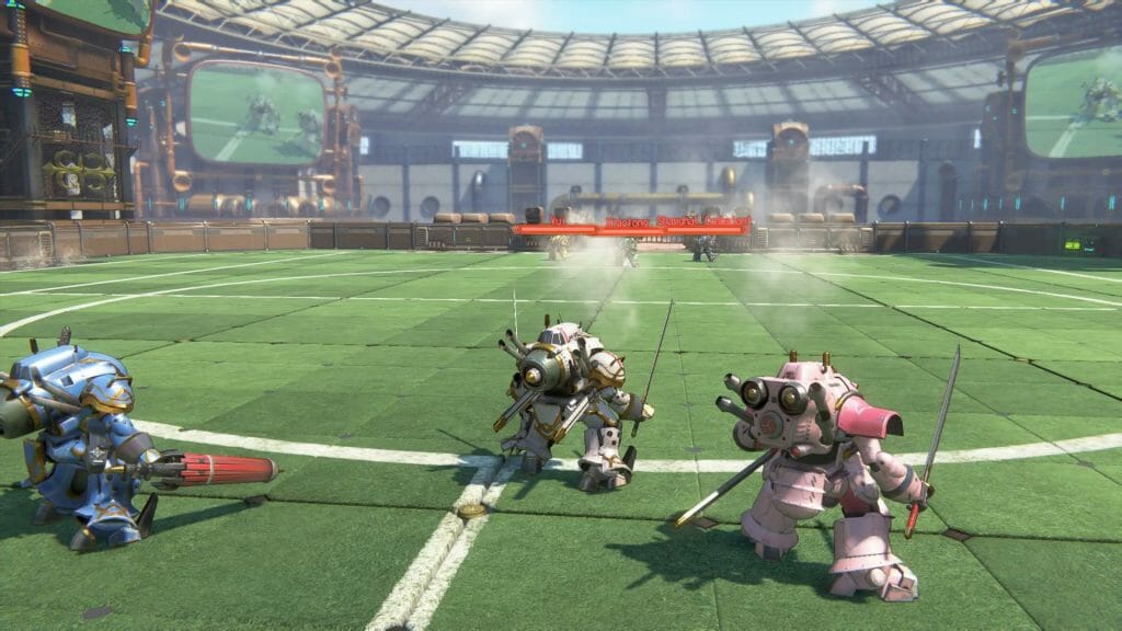 Sakura Wars English gameplay still. Three robots holding weapons face off against an opposing group, as they stand on a green astroturf surface.