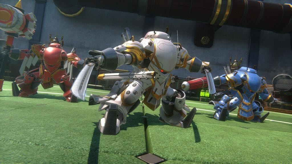 Sakura Wars English gameplay still. Three robots pose, weapons drawn as they stand on a green astroturf surface.