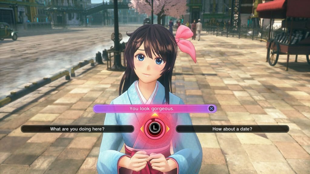 Sakura Wars 2019 Gameplay Still - a woman in a blue kimono blushes as she looks toward the camera. Three dialogue options are presented at the bottom of the frame.