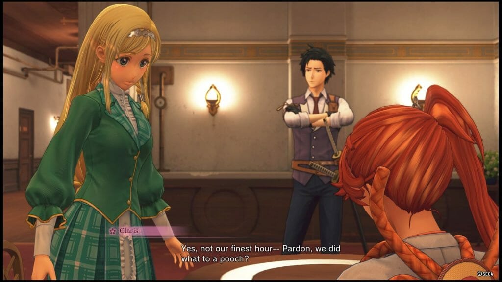Sakura Wars 2019 game still - a blonde woman in a green cardigan looks at a red-haired woman, as a dark-haired man in a suit stands in the background. Dialogue: "Yes, that was not our finest hour -- Pardon, we did what to a pooch?"