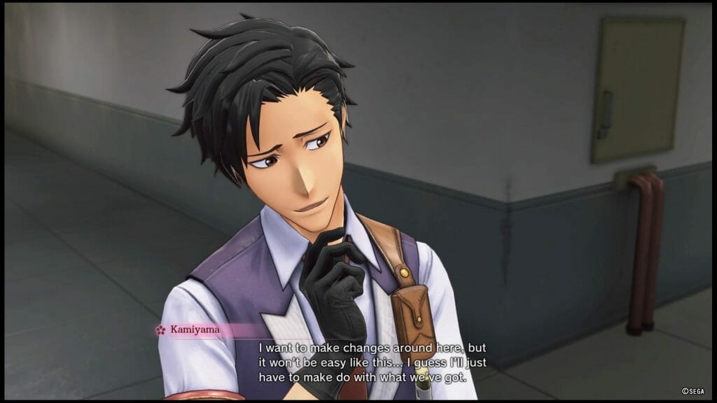 Sakura Wars 2019 game still - a dark-haired man in a suit stands, posing thoughtfully. Dialogue: "I want to make changes around here, but it won't be easy like this... I guess I'll just have to make do with what we've got.