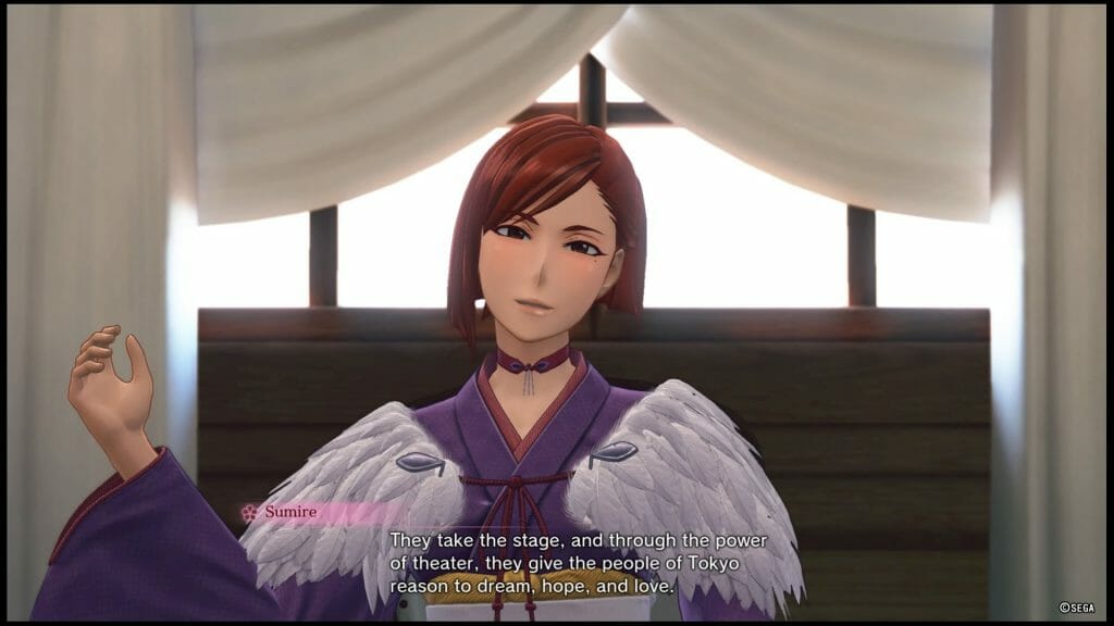 Sakura Wars 2019 game still - A woman in a flashy kimono sits before a window. Dialogue: "They take the stage, and through the power of theater, they give the people of Tokyo reason to dream, hope, and love." 