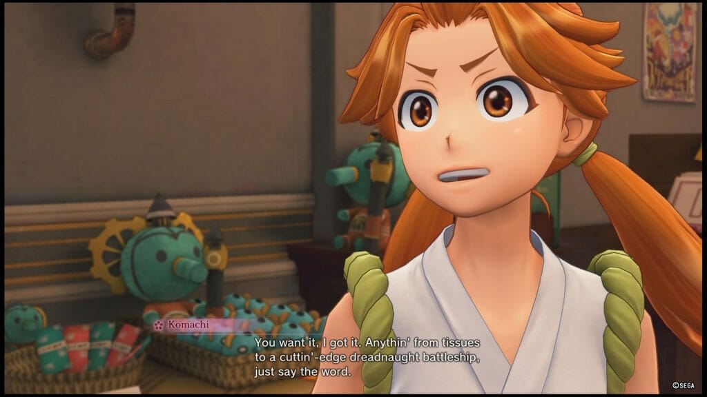 Sakura Wars 2019 game still - A red-haired woman in a plain kimono stands in front of a display featuring a green elephant. Dialogue: "You want it, you got it. Anythin' from tissues to a cuttin'-edge dreadnaught battleship, just say the word."