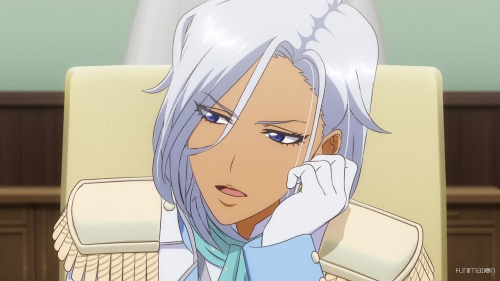 Sakura Wars the Animation Episode 1 Still - A tan woman with silver hair rests her chin on her palm as she looks disinterested.