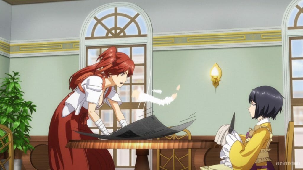 Sakura Wars the Animation Episode 2 Still - A woman with red hair stands across a table from a teenage girl wearing a yellow dress. The red haired woman is pounding the table, while the girl is polishing a kunai.