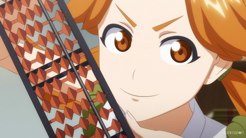 Sakura Wars the Animation Episode 2 Still - A woman with orange hair smirks as she holds up an abacus.