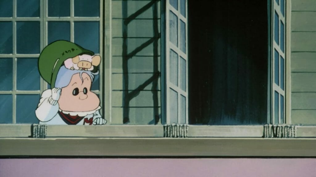 Urusei Yatsura Anime Still - A short man with silver hair and an army helmet stands on a balcony.