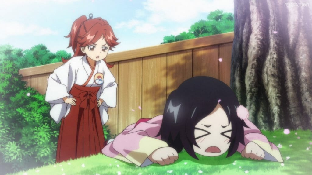 Sakura Wars The Animation Episode 04 still - A red-haired girl in a white and red shrine maiden's outfit looks down at a a brunette girl who fell to the ground.
