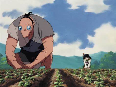 InuYasha Anime still - A large bald man with blue eyes works in a vegetable field.