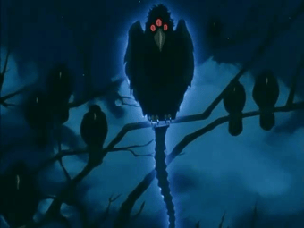 InuYasha Anime Still - a three-eyed crow demon known as the Shibugarasu