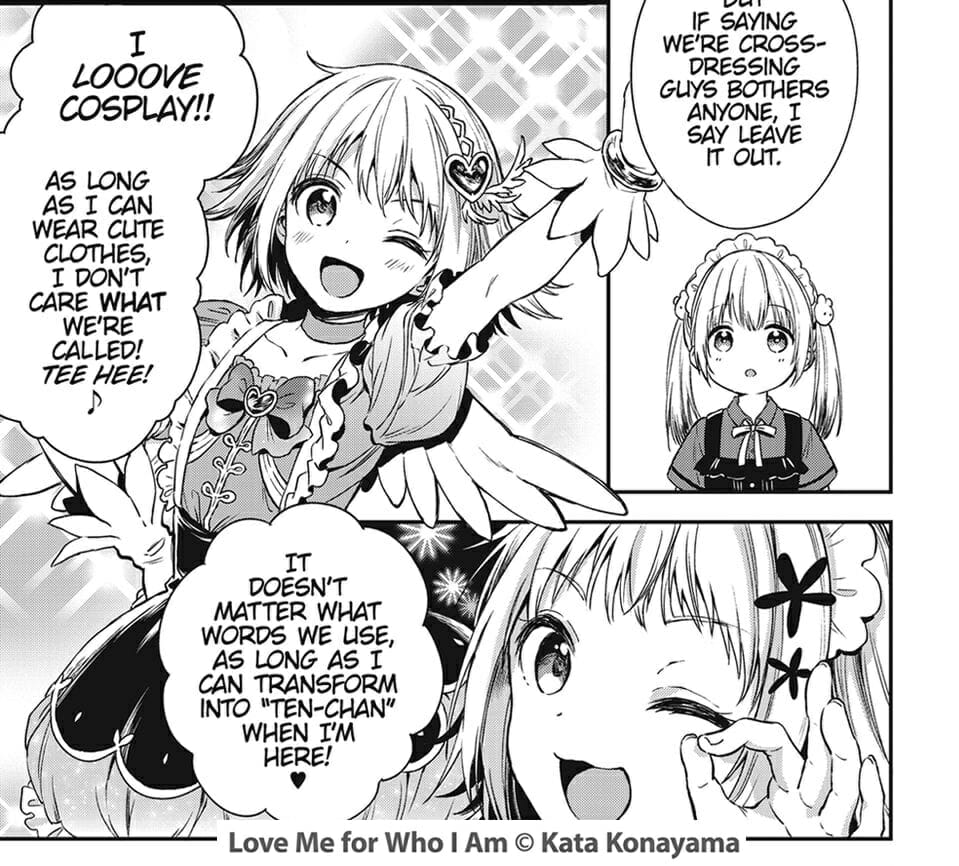 Comic page, featuring a blonde boy dressed as a magical girl. He's talking about cosplay in speech bubbles.