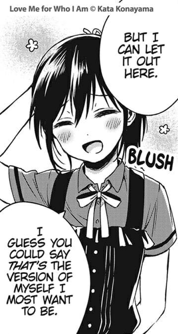 Comic panel of a black-haired maid, who is blushing sheepishly.