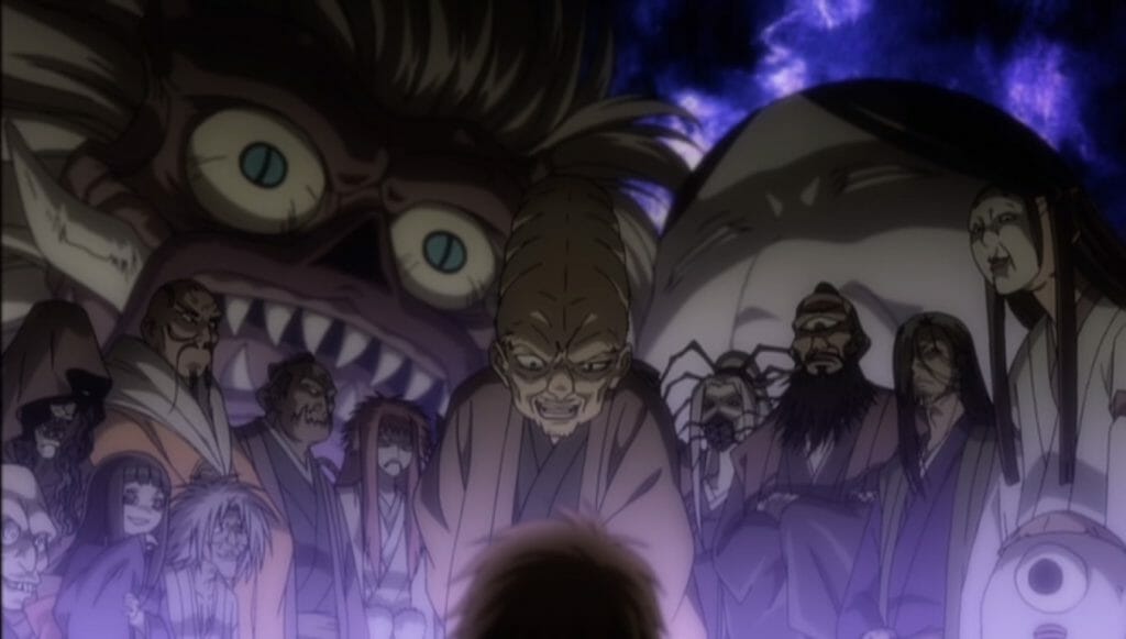 An array of yokai demons stands menacingly, surrounded by a purple glow.