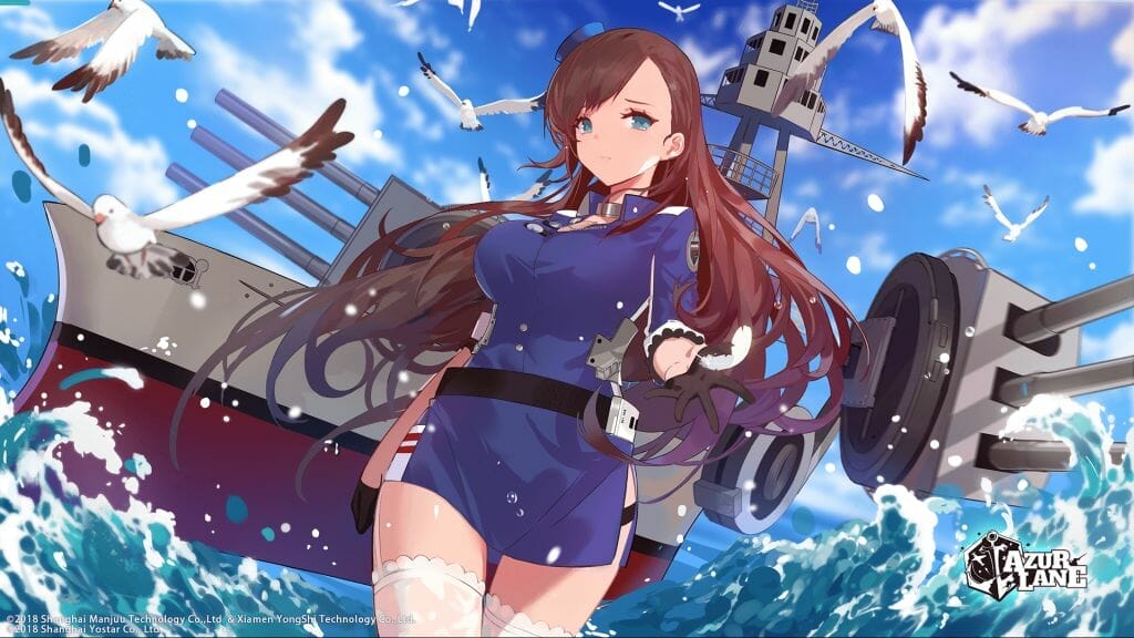 A red-haired woman in a military uniform stands before a heavily armed battleship.