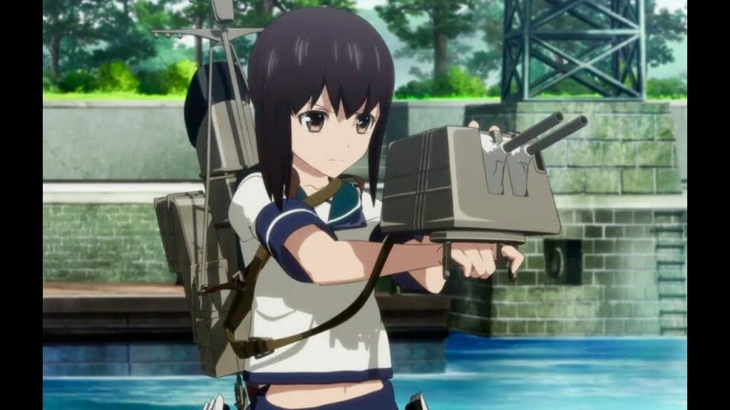 A girl in a school uniform, affixed with various armaments.