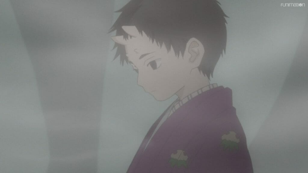A young boy with dark hair and horns, wearing a purple kimono.