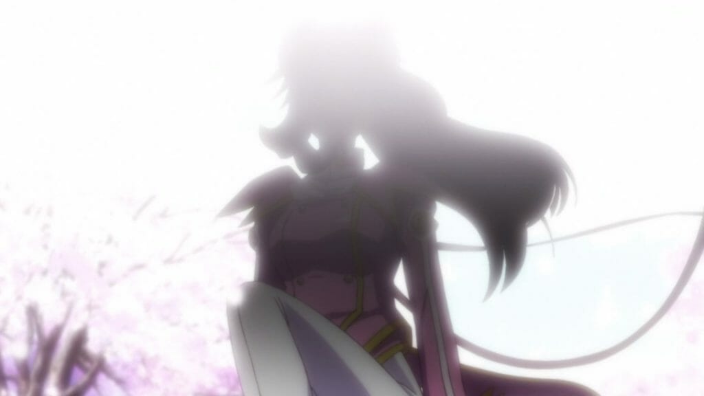 The silhouette of a woman standing atop a pink mech.