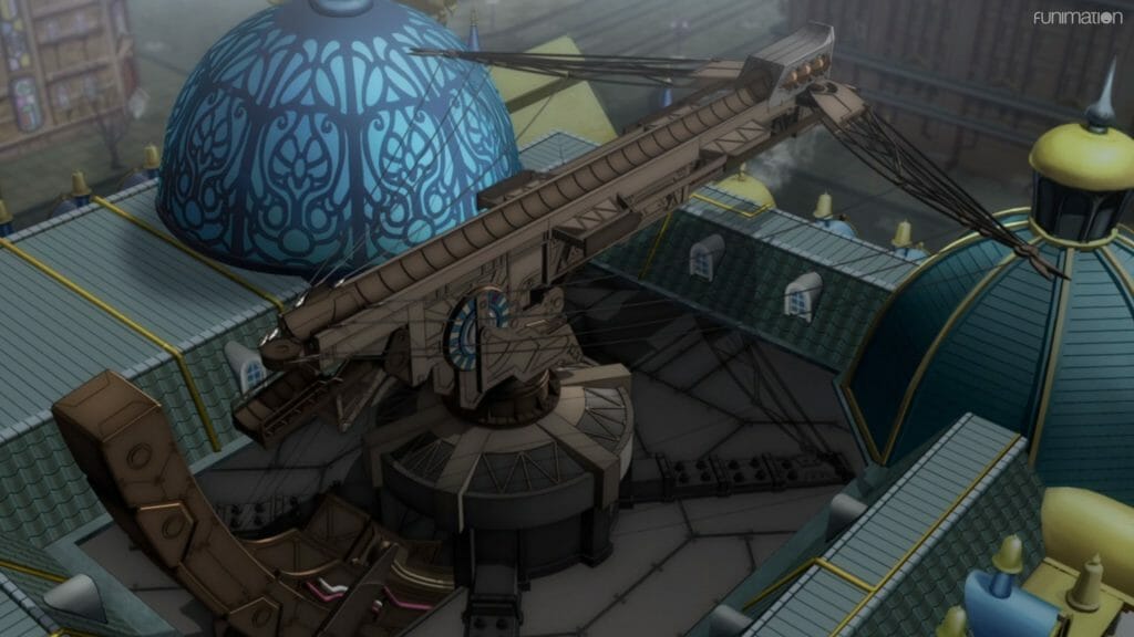 A gigantic crossbow built on the roof of a building. It's flanked by stained glass domes.