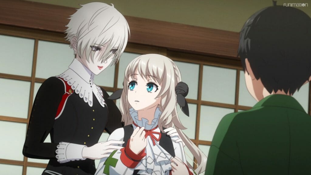 A white-haired woman smiles assuringly at a blonde girl.