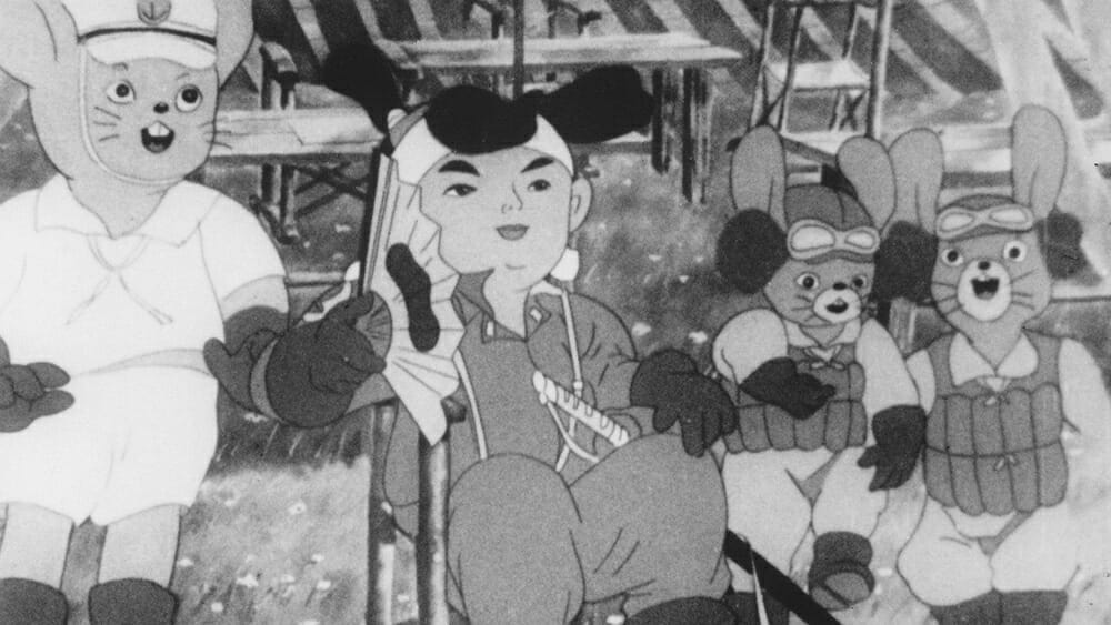 Still from Momotaro: Sacred Sailors that depicts Momotaro with several anthropomorphic animals