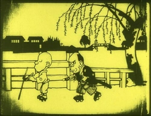 Still from anime short film Namakura Gatana that depicts a samurai standing behind a smoking man.
