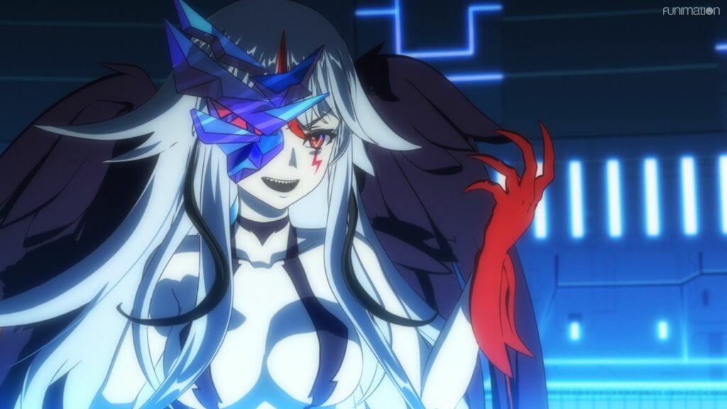 A woman with light hair and red markings flexes her claws. A crystal is growing out of her eye.