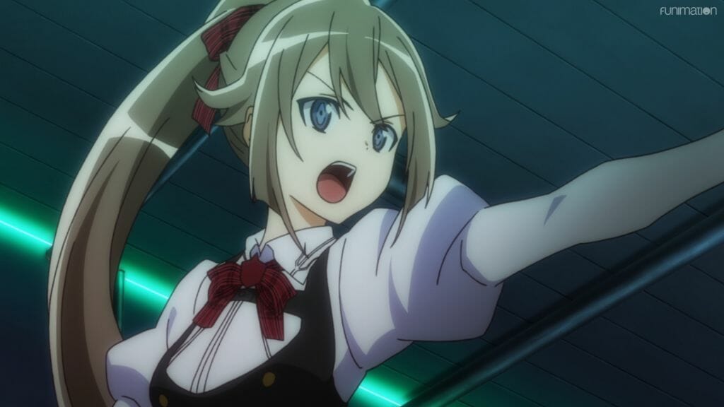A brown-haired woman with a ponytail, wearing a simple dress and blouse, shouts as she gives an order to advance.