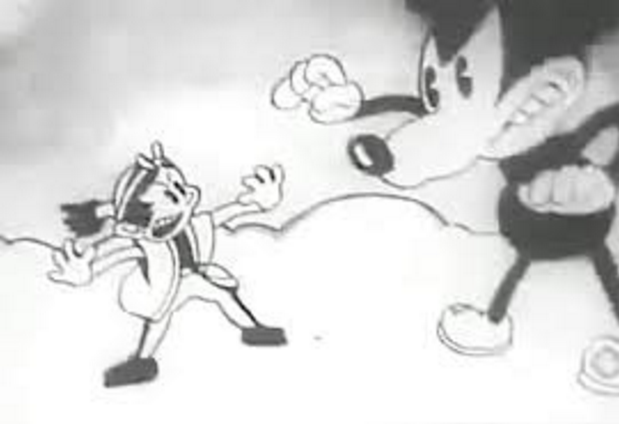 Still from Toybox Series #3: Picture Book 1936 that depicts an evil Mickey Mouse bearing down on a man.