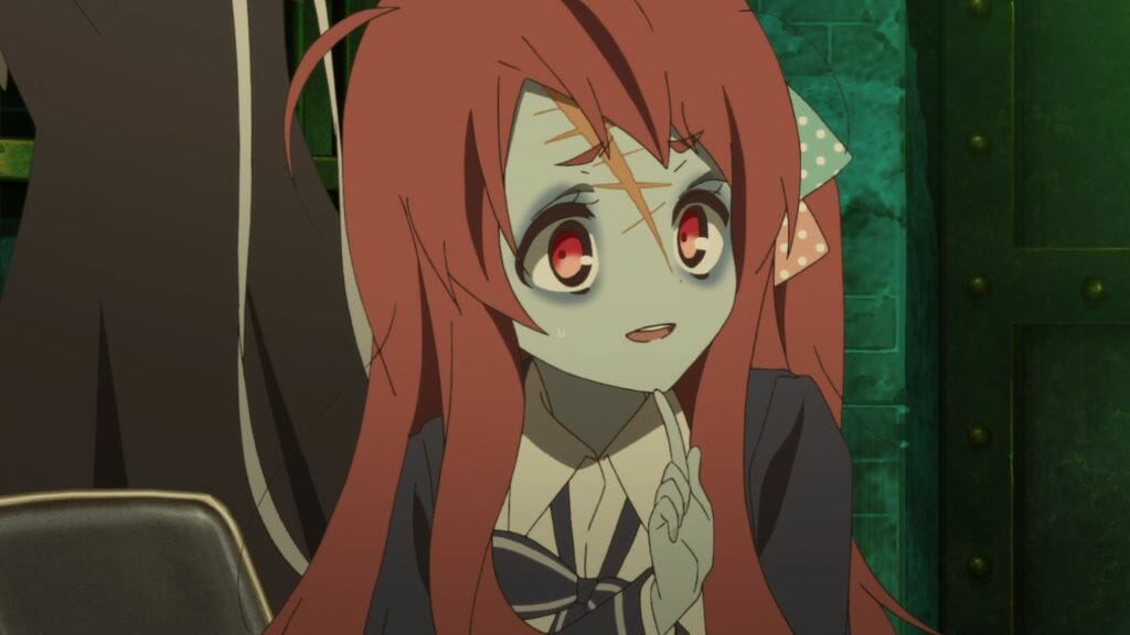 A zombie girl with red hair and a facial scar smiles slightly