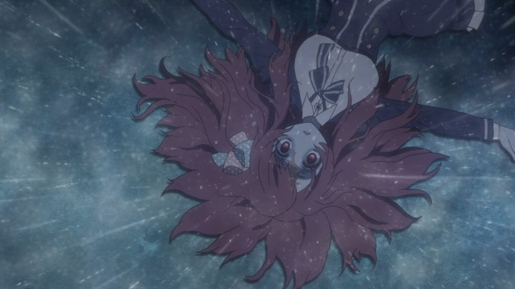 A red-haired zombie girl lays on hte ground, her hair splaying in all directions.