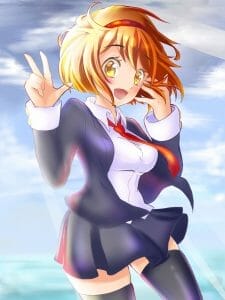 A red-haired woman wearing a grey school uniform smiles as she flashes a peace sign.