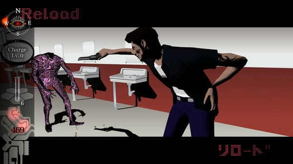 Killer7 gameplay still that features a man with a pompadour and a T-shirt gunning down a purple monster