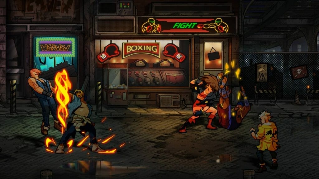 Gameplay Still from Streets of Rage 4, which depicts Blaze and Axel fighting street thugs in a dingy slum