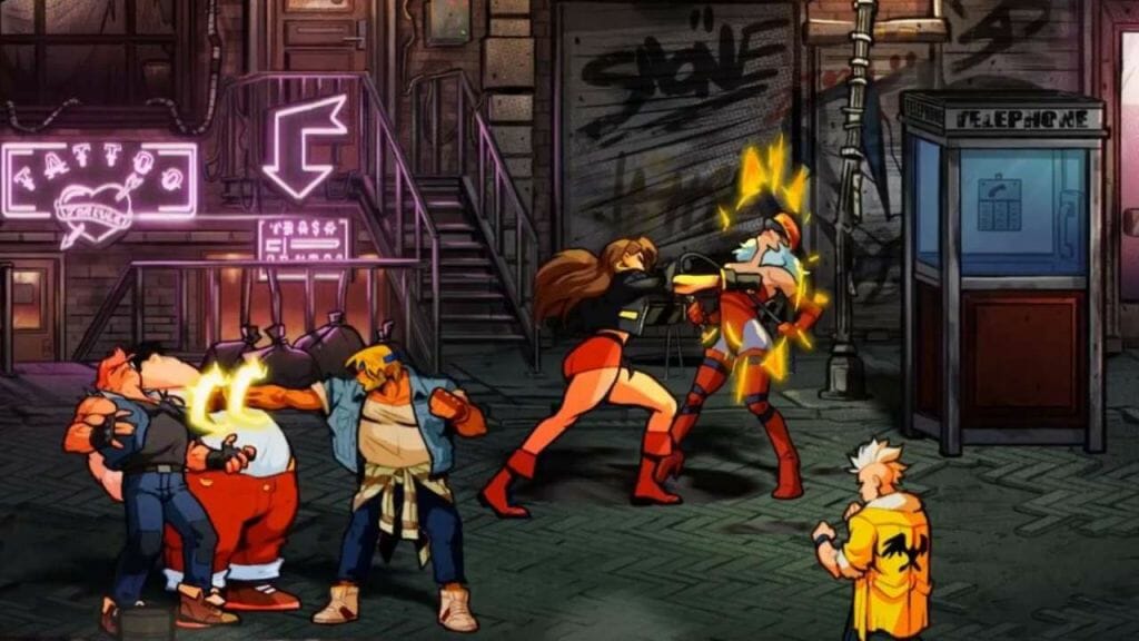Gameplay Still from Streets of Rage 4, which depicts Blaze and Axel fighting street thugs in a dingy slum