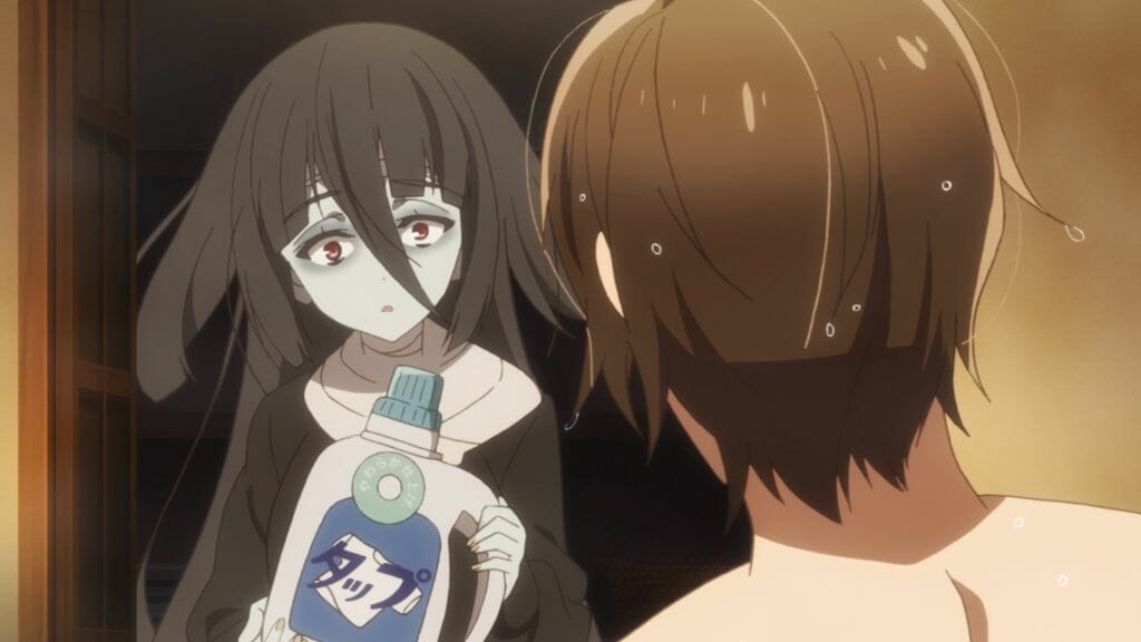 Still from Zombie Land Saga Episode 6, which depicts a black-haired zombie standing, confused, as she holds a jug of laundry detergent.