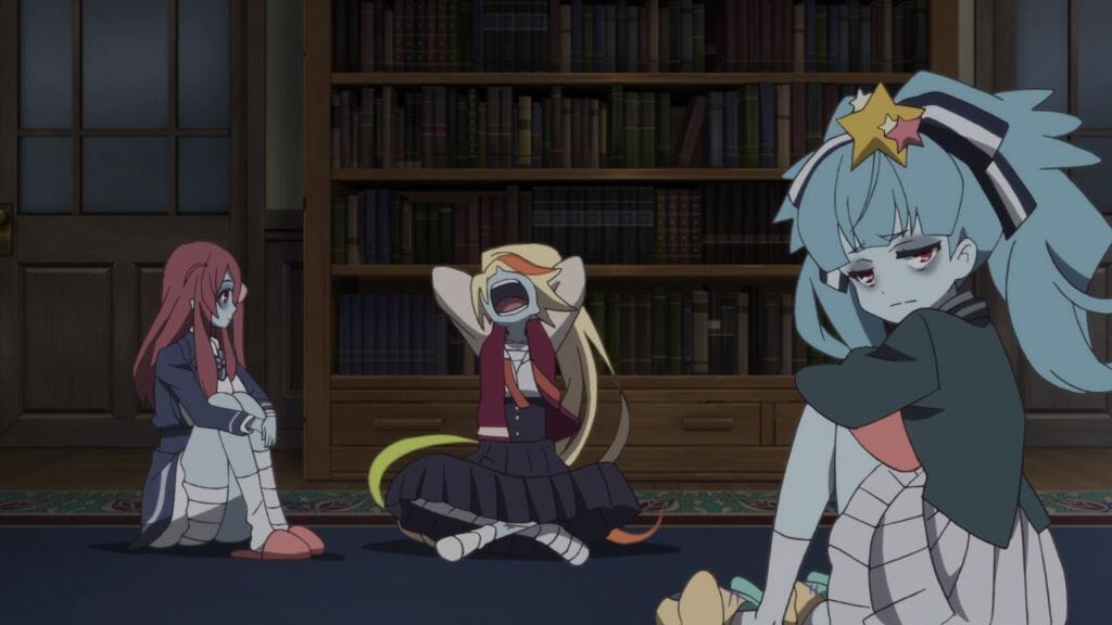 Still from Zombie Land Saga depicting a zombie girl sitting, unamused as two zombies argue in the background.