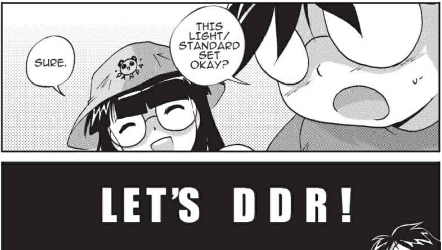 Comic panel featuring a man and a woman waring glasses. The man asks "This light/standard set okay?" The woman, smiling, responds with "Sure." Below is text that reads "Let's DDR!"