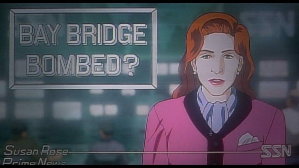 Still from Patlabor 2, which features a red-haired newscaster staring at the camera. The words "Bay Bridge Bombed?" are projected to the left of her.