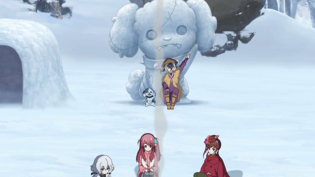 Still from Zombie Land Saga Episode 10, which depicts a dark-haired woman in a parka raising her hand in victory as she sits in front of a giant snow sculpture of a dog.