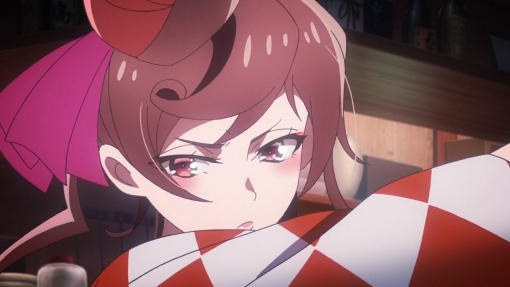 Still from Zombie Land Saga Episode 10, which depicts a brown-haired woman in a kimono glaring fiercely at the camera.