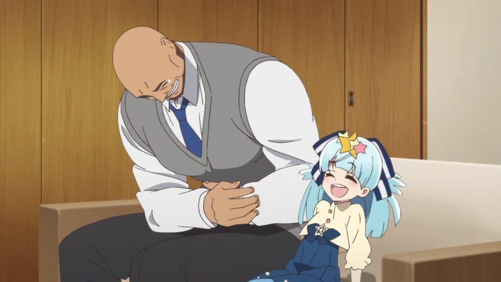 Still from Zombie Land Saga episode 8. A young girl and her father - a massive bald man in a suit, laugh while sitting on a sofa.