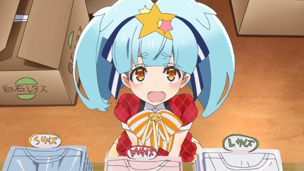 Still from Zombie Land Saga episode 8. A girl with blue hair, wearing a red dress, looks up as she gives a chipper smile.