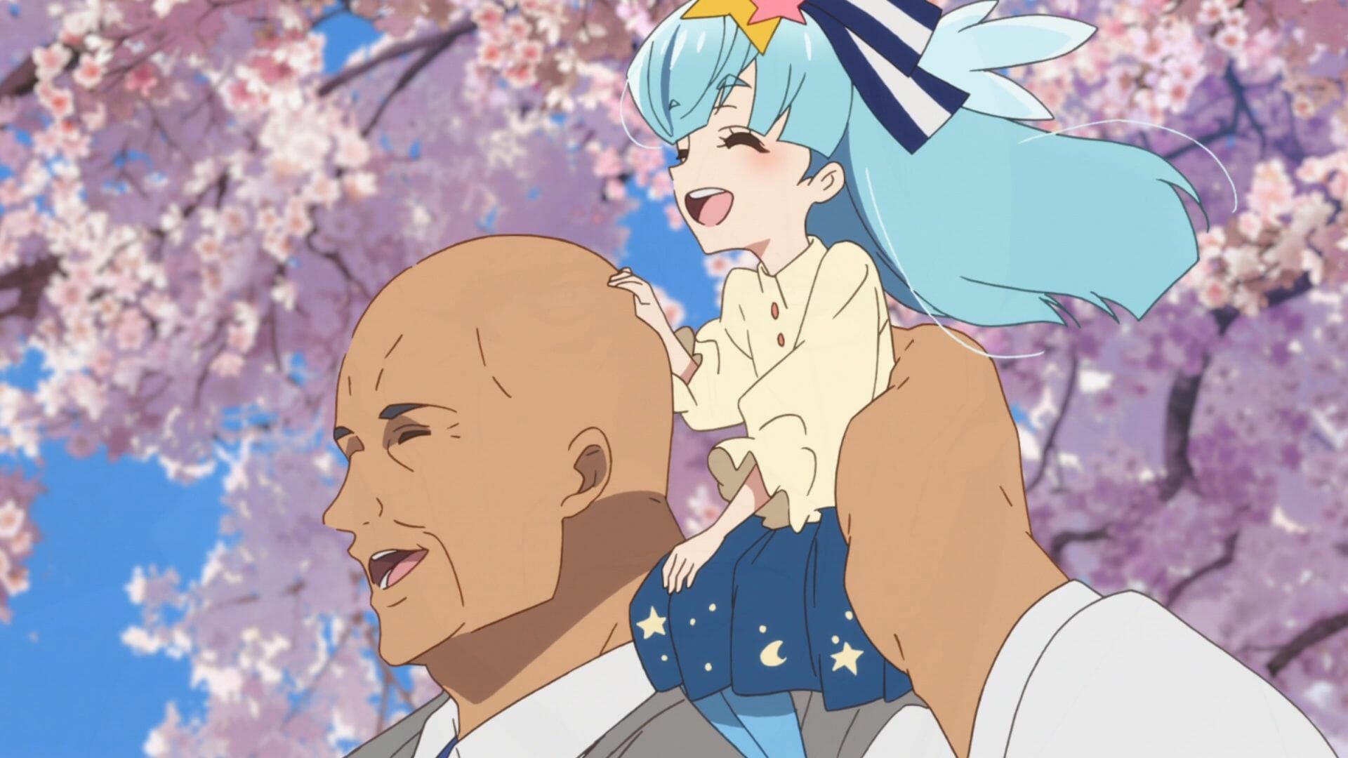 Still from Zombie Land Saga episode 8. A young blue-haired girl smiles happily as she sits on the shoulder of her father - a large bald man.