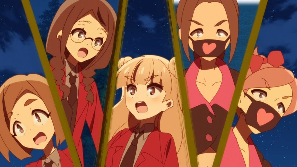 Still from Zombie Land Saga Episode 9, which features five girls gasping in awe. Three are wearing red coats and grey shirts with neckties. Two are clad in black shirts and face masks.