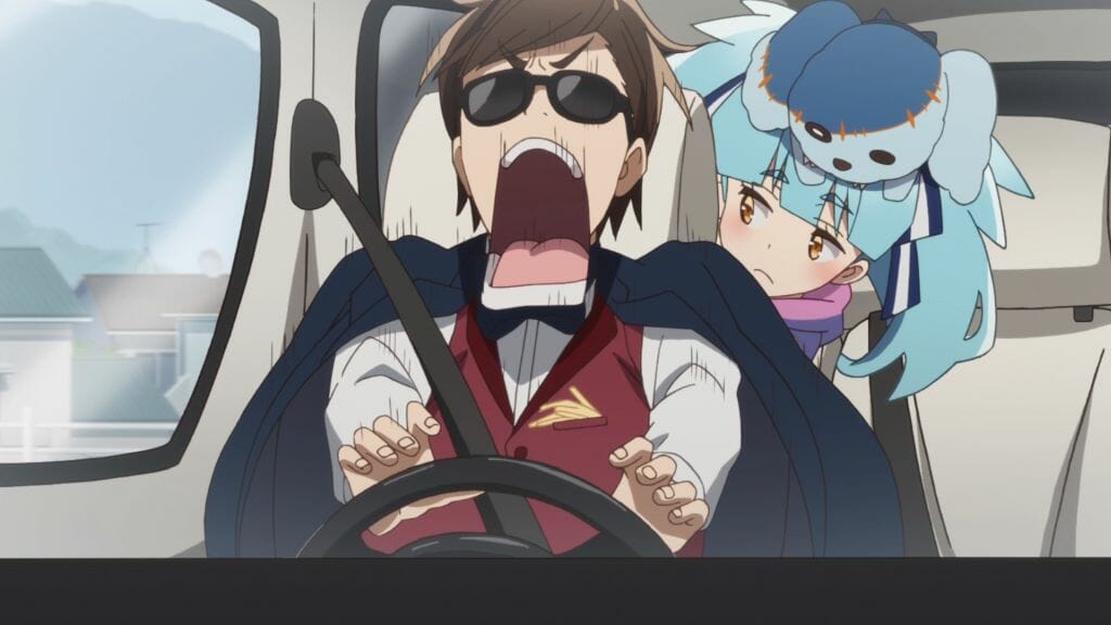 Still from Zombie Land Saga Episode 9, which features a man with brown hair screaming in frustration as he drives. a girl with blue hair stares on from behind.