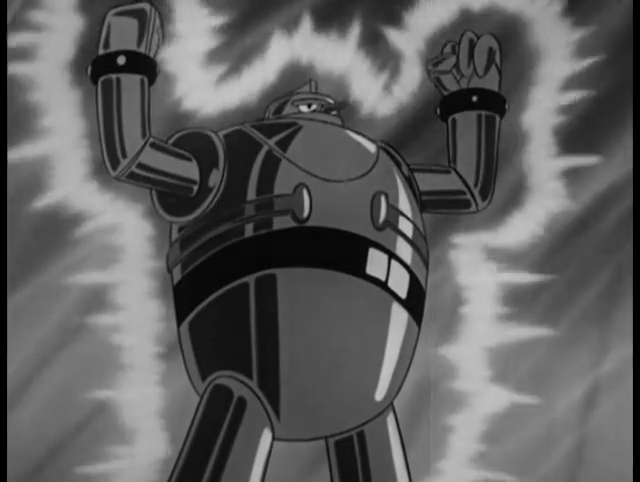 Giant robot Gigantor poses as light radiates from his body