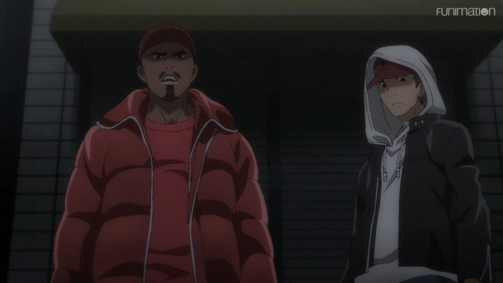 still from Ikebukuro West Gate Park episode 4, depicting two menacing men dressed in red.